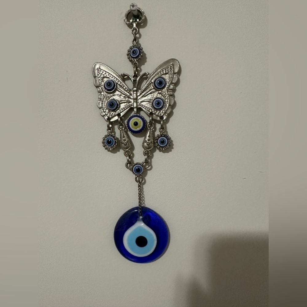 Silver and Blue Evil Eye Butterfly Wall Tapestry